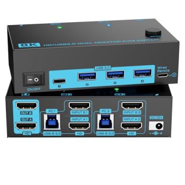 Imagem de Interruptor KVM Dual Monitor 8K Dual HDMI 2.1 2 Monitores 2 Computadores 2 em 2 Saídas 4 Portas USB 3.0 8K @60Hz/4K @ 120Hz KVM, Controlador de Desktop com Fio e 2 Cabos USB 3.0 Incluídos