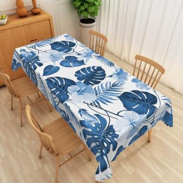 Imagem de SIEDYCV Toalha de mesa de folha de palmeira tropical de verão, 152 x 213 cm, aquarela, folhas azuis, estampa floral, planta, retangular, capa de mesa de tecido impermeável para jantar, decoração de