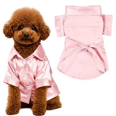 Imagem de Pijama de seda para cães tamanho pequeno roupão camisa pijama de cetim com cinto duas pernas roupas de cachorro lapela roupa de dormir roupa de gato (roupão rosa, P)