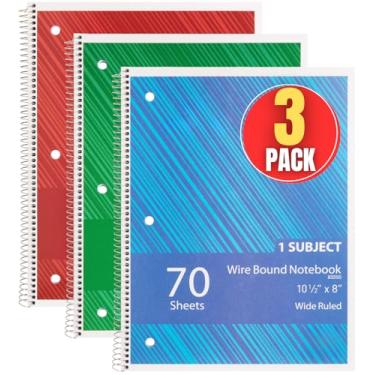 Imagem de 1InTheOffice Caderno espiral pautado universitário 26 x 20, cadernos pautados universitários com 1 assunto, cadernos espirais com 3 furos, 70 folhas, cores sortidas, pacote com 3
