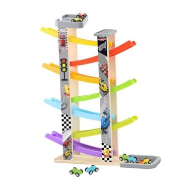 Imagem de MERIGLARE Montar pista de pista de corrida Kids Wooden Track Racer Glide Car Playset veículo para crianças pré -escolares Presente de Gares de infância, Sete Faixas