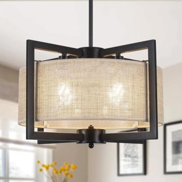 Imagem de KOSTOMO Lustres pretos de 4 luzes tambor geométrico moderno para sala de jantar luminária de ilha de cozinha, lustre de casa de fazenda de metal suspenso para sala de jantar hall de entrada