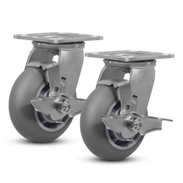 Imagem de HANDSAMMU Rodízio resistente de 12,7 cm x 5 cm, rodas de borracha termoplástica (piso de coroa) - 181,4 kg por rodízios, rodízio de placa para móveis plataforma caminhões bancada de trabalho (pacote
