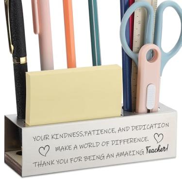 Imagem de Porta-lápis de aço inoxidável Teacher Appreciation com citação gravada, presente de agradecimento de estudantes para mulheres e homens, organizador de mesa para canetas, tesouras, notas adesivas