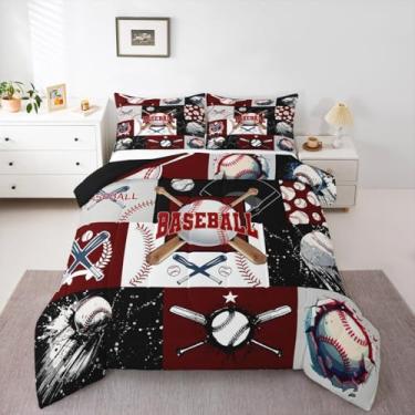 Imagem de Erosebridal Jogo de cama casal de beisebol com taco de beisebol, estilo patchwork, estilo softball, com bola