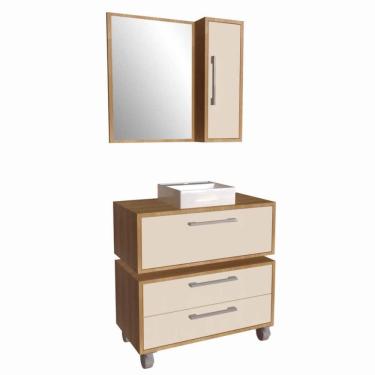 Imagem de Gabinete 80cm Alice Mel Arenas Balcão Espelheira Cuba Branca Armário Suspenso 2 Gavetas Para Banheiro