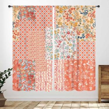 Imagem de Cortinas de retalhos rosa para quarto, estilo boêmio, costura floral, vintage, estilo retrô, tratamento de janela para cozinha, sala de estar, café, 53 cm L x 114 cm C, conjunto de 2 painéis