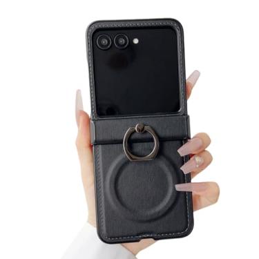 Imagem de Suporte magnético clássico de anel de couro e metal para capa Samsung Z Flip 6 5 4 3 5g com fivela de dedo e capa à prova de choque (para Galaxy Z Flip5/preto)
