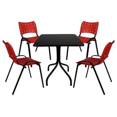 Imagem de Jogo Mesa 70x70 Preta Para Bares E Restaurantes Com 4 Cadeiras Iso Vermelha