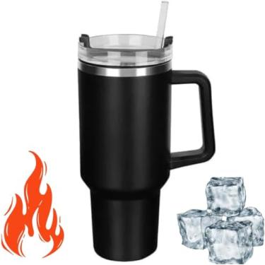Imagem de Copo Térmico 1,2 Litros com Alça e Canudo, Com Tampa, Garrafa de Água Reutilizável, Caneca de Viagem a Vácuo em Inox, Ideal para Presente, Escritório, Academia, Viagem (Preto)