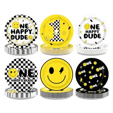 Imagem de Grencian 60 peças de pratos de papel 1st Happy Dude Smile 23 cm, grandes, resistentes, 1º sorriso, pratos de sobremesa xadrez amarelo estrela relâmpago para chá de bebê, decorações de festa de