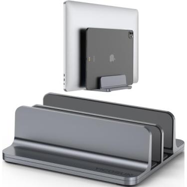 Imagem de Suporte vertical para laptop para mesa: suporte de mesa de alumínio com compartimento duplo com base ajustável - serve para todos os MacBook/Surface/Samsung/HP/Dell/Chrome Book de até 17,3 polegadas