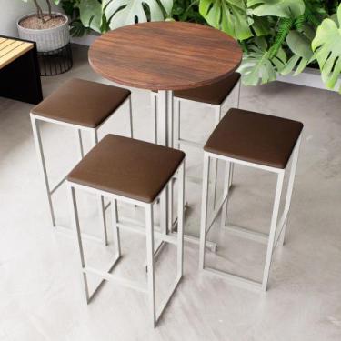 Imagem de Conjunto Mesa Alta Bar Bistrô Redonda Imbuia 4 Bancos Estofado Industr