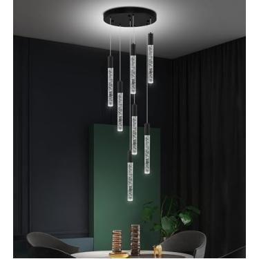Imagem de Phoonyii Lustre de cristal de teto alto de 7 luzes, luminária pendente de gota de chuva de LED moderna 152 cm H lustre de montagem embutida preto para hall de entrada, escada, sala de estar