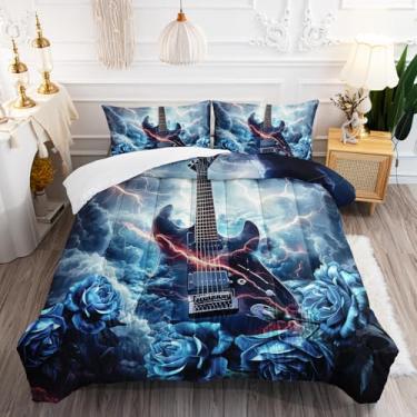 Imagem de AILONEN Jogo de cama solteiro com estampa de guitarra 3D, música rock relâmpago para meninos, adolescentes e adultos, conjunto de edredom de guitarra rosa azul para decoração de quarto, 1 colcha + 2