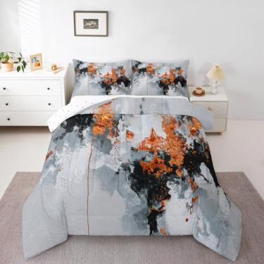 Imagem de jejeloiu Conjunto de edredom Queen geométrico abstrato, laranja, preto, cinza, para meninos e meninas, decoração de quarto, 3 peças, com 2 fronhas, microfibra