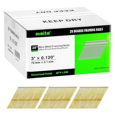 Imagem de meite Pregos de enquadramento de 28 graus, 7,5 cm, solda de arame, haste de anel de cabeça redonda deslocada para pistola de pregador de moldura de 28° (1.000 peças) Acabamento galvanizado