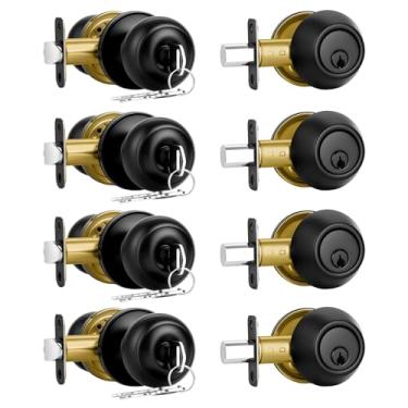 Imagem de Plustool Conjunto de 4 fechaduras de porta dianteira, preto fosco, conjunto de fechadura externa com fechadura, fechadura de fechadura de cilindro único e conjunto de maçanetas, maçanetas de porta