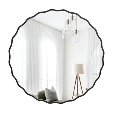 Imagem de WFEVL Espelho redondo preto, espelho de parede de flor de vaidade de 61 cm, espelho floral circular moderno para parede, espelho de madeira para quarto, sala de estar, entrada