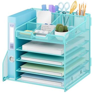 Imagem de Lavatino Organizador de mesa de malha de metal de 5 camadas com suporte de arquivo e 7 compartimentos personalizáveis | Bandeja de papel para escritório ou mesa de casa | Mantenha os suprimentos de