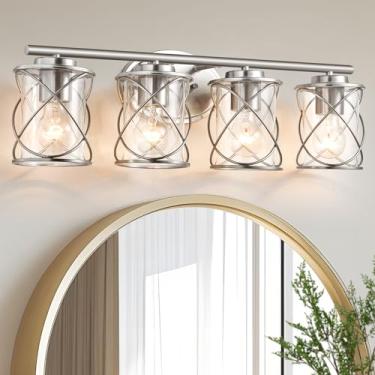 Imagem de Luminária de banheiro com 4 luzes, luminária moderna de níquel escovado sobre o espelho, lâmpada de parede de banheiro para espelho, cozinha, sala de estar, corredor, varanda, luzes de parede de