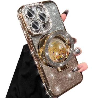 Imagem de Changjia Capa com suporte de glitter para iPhone 16 Pro Max, luxuosa, brilhante, diamante, strass, com protetor de câmera, anel de fluxo líquido, suporte de TPU (poliuretano termoplástico), capa