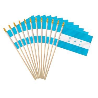 Imagem de Bandeira de Honduras 10 x 15 cm, pacote com 12, pequena bandeira nacional de mão hondurenha, América Latina, língua espanhola, decoração do mês da herança hispânica com mastro de madeira e topo de