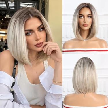 Imagem de Nuxovin Perucas de cabelo humano loiro marrom curto cabelo humano corte reto para mulheres cosplay e visual natural diário (marrom loiro ombre, 35,5 cm)