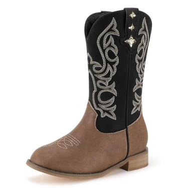 Imagem de PANDANINJIA Botas de caubói infantis para meninas, bico redondo, cano médio, botas de equitação ocidentais, Marrom, 18