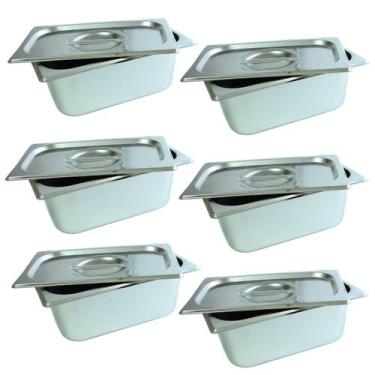 Imagem de 6 Cuba Gastronomica Inox C/ Tampa 1/4x100 Gn Buffet Cozinha - JMA Inox