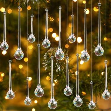 Imagem de Wettarn 30 peças de enfeites de bolas de Natal de cristal acrílico, enfeites de diamante de Natal de vidro de cristal transparente pingos de chuva com fio de prata para decorações penduradas (6 a 14