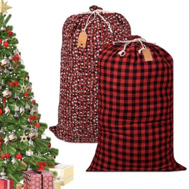 Imagem de Sacos de Natal grandes com cordão, 120 x 71 cm, sacos de presente de tecido xadrez buffalo, sacos de presente de Papai Noel com etiquetas Kraft para presente de Natal, armazenamento de pacotes