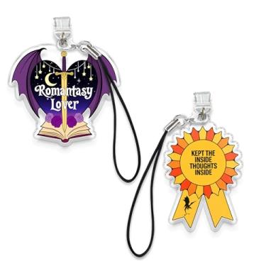 Imagem de Conjunto de 2 peças "Kept The Inside Thoughts Inside, amuletos Kindle Romantasy Lover", pingente de plugue de poeira 4,8 cm quarta asa, dragão, relâmpago para amantes de livros/tipo C com alça