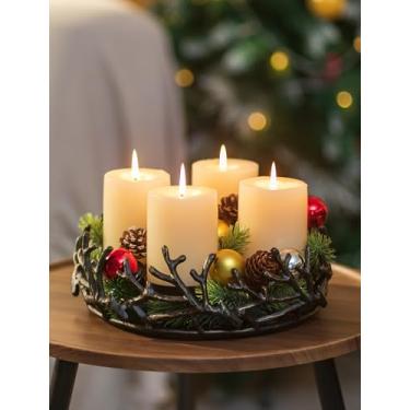 Imagem de Romadedi Castiçais de Natal para pilar - design vintage de chifre de rena de candelabro de ferro fundido, 4 placas de velas, acabamento dourado, preto, mesa de centro de mesa, decoração do advento