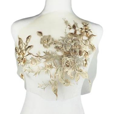 Imagem de Carytalee 1 peça de tecido 3D de renda dourada com flores bordadas, apliques de contas, remendos para decoração de vestido de noiva de casamento, decoração de roupas de costura, 33 x 25 cm