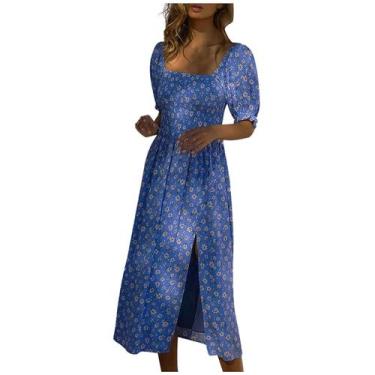 Imagem de Vestido feminino de verão casual manga curta com decote em O floral ve