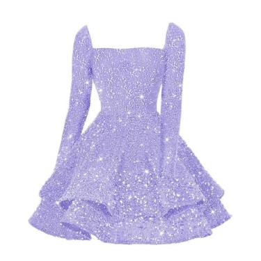 Imagem de Vestido de boas-vindas YOFF, gola redonda, glitter, lantejoulas, lilás