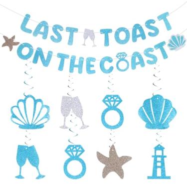 Imagem de Last Toast on The Coast Banner Decorações de despedida de solteira azul Decorações de despedida de solteira para pendurar na praia redemoinhos praia piscina costeira Bach decoração