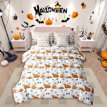 Imagem de Conjunto de cama com estampa de fantasma de Halloween, linda lanterna de abóbora, 7 peças, cama em um saco, sombras escuras, morcegos, decoração de Halloween, conjunto de lençol e edredom de flores