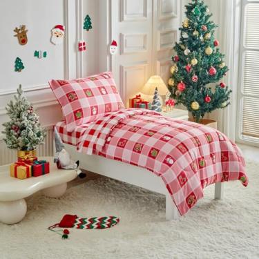 Imagem de Jogo de cama infantil de Natal para meninos e meninas, xadrez vermelho, branco, colorido, 4 peças, cama branca fofa em uma bolsa com meias de boneco de neve, caixa GIF