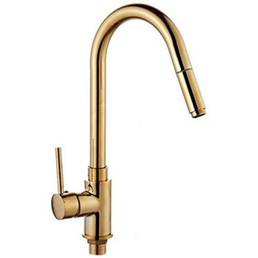 Imagem de RAUGAJ Torneiras, torneira de cozinha extensível dourada para pia com aspersor de prato removível Torneira de cozinha rotativa Torneiras de pia 360 ° Misturadores de alavanca única