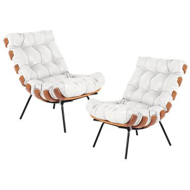 Imagem de Kit 02 Poltronas Decorativas Sala de Estar Costela L04 Couro Branco - Lyam Decor