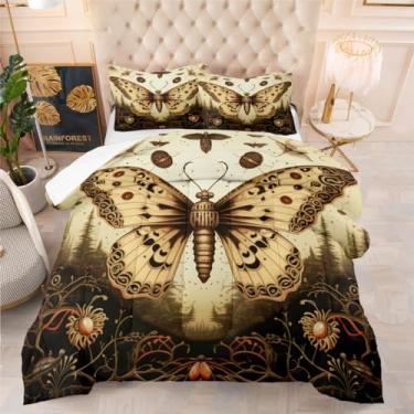 Imagem de CCoutueChen Conjunto de edredom de mariposa boho, tamanho casal, preto, gótico, 3 peças, decoração de quarto de Halloween com 2 fronhas/79 x 90