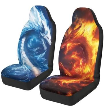 Imagem de Qpednta Capas de assento de carro dragão gelo e fogo apenas assentos dianteiros capa de tecido de poliéster elástico respirável fácil de instalar acessórios de carro ajuste universal para a maioria
