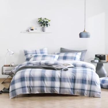 Imagem de LEMIROE Edredom de algodão vintage, tamanho solteiro, 2 peças, padrão xadrez clássico tartã com azul jeans, cinza macio e branco, conjunto de cama leve com enchimento macio (1 edredom, 1 fronha)