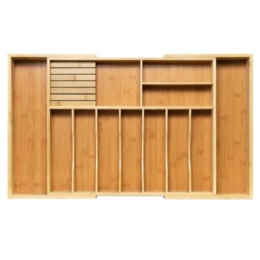 Imagem de VaeFae Porta-utensílios de cozinha extragrande, organizador de gaveta de talheres de bambu, organizador expansível de talheres com bloco de facas, divisor de gaveta de madeira multifuncional (10 a 12