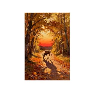 Imagem de Quadro arte parede outono-Veado estrada árvore Impressões em tela paisagens-Pintura animais para sala estar decoração fazenda 20x30cm Sem Moldura