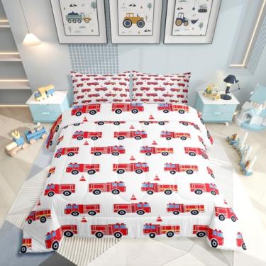 Imagem de Erosebridal Conjunto de cama solteiro com desenho animado de caminhão de bombeiros, carro de bombeiros vermelhos, para decoração de quarto de crianças, homens e adolescentes, colcha branca com 1