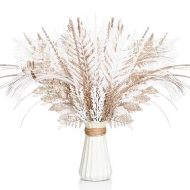 Imagem de Motionchic 50 palhetas de árvore de Natal, decoração de topo de árvore de Natal, palitos de penas, galhos de pinheiro com glitter, hastes de galho com glitter falso para decoração de vaso de árvore de