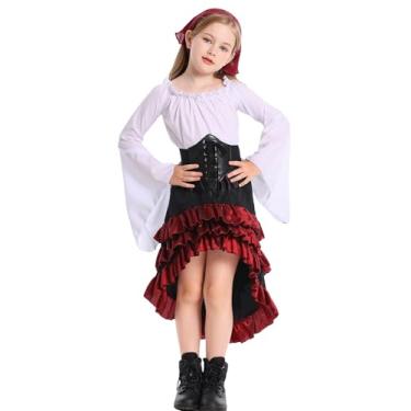 Imagem de Happy Cherry Girls Retro Irregular Ruffle High Waist Pirate Shirt Skirt Corset Waist Belt Halloween Pirate Costumes White X-Large